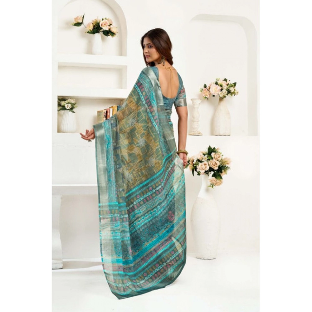 Women's Linen Cotton Printed Ready To Wear Saree With Unstitched Blouse 5.5 Mtr (Light_Green)