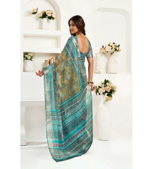 Women's Linen Cotton Printed Ready To Wear Saree With Unstitched Blouse 5.5 Mtr (Light_Green)
