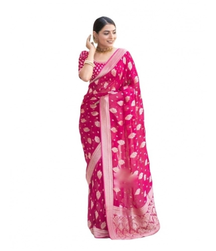 Women's Soft Lichi Silk Printed Saree With Unstitched Blouse 5.5Mtr (Pink)
