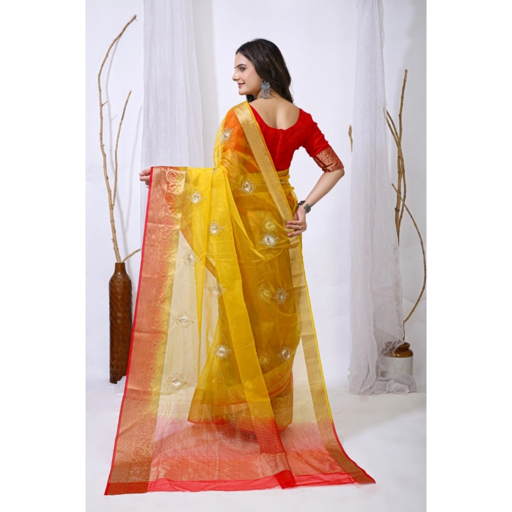 Women's Organza jacquard Embellished Saree With Unstitched Blouse 5.5Mtr (Yellow) Women's Organza jacquard Embellished Saree With Unstitched Blouse 5.5Mtr (Yellow)