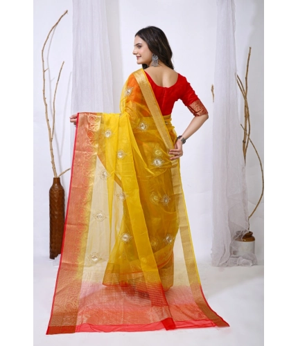 Women's Organza jacquard Embellished Saree With Unstitched Blouse 5.5Mtr (Yellow)