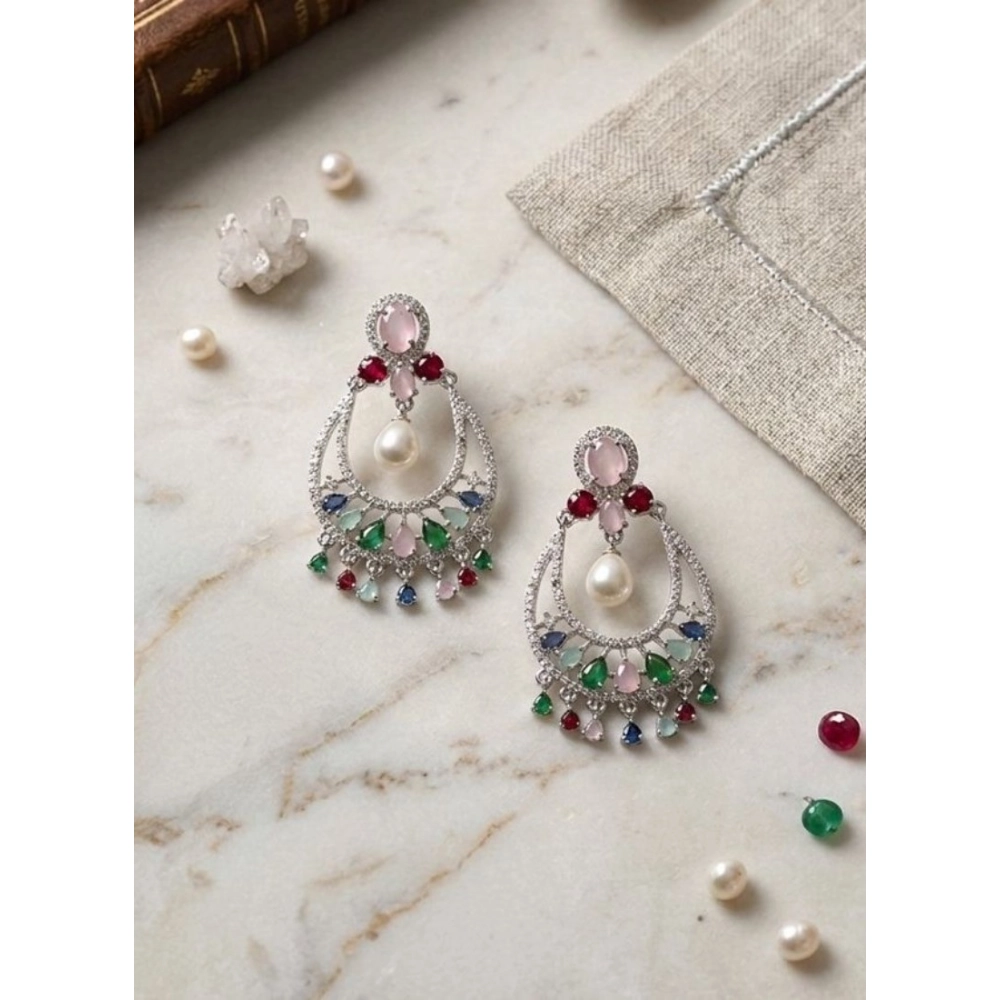 Women's Brass Silver Plated Chandbali Earrings (Multicolor) Women's Brass Silver Plated Chandbali Earrings (Multicolor)