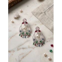Women's Brass Silver Plated Chandbali Earrings (Multicolor)
