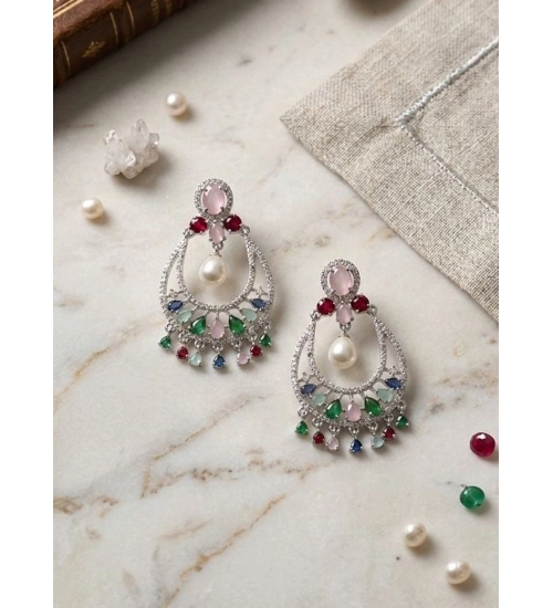 Women's Brass Silver Plated Chandbali Earrings (Multicolor)