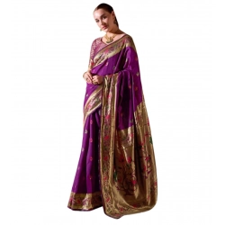 Women's Silk Blend Zari Woven Saree With Unstitched Blouse 5.5Mtr (Purple)