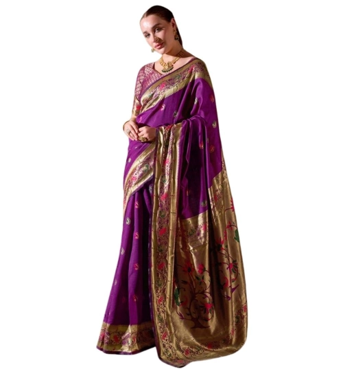 Women's Silk Blend Zari Woven Saree With Unstitched Blouse 5.5Mtr (Purple)