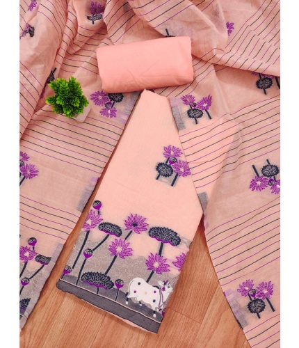 Women's Banarasi Silk Printed Unstitched Salwar Suit Material With Dupatta (Peach, 3Mtrs)