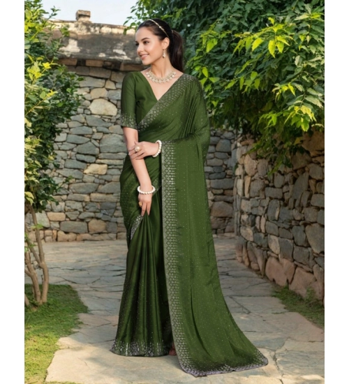 Women's Rangoli Diamond Weaving - Stone Work Saree With Unstitched Blouse 5.5Mtr (Mahendi)