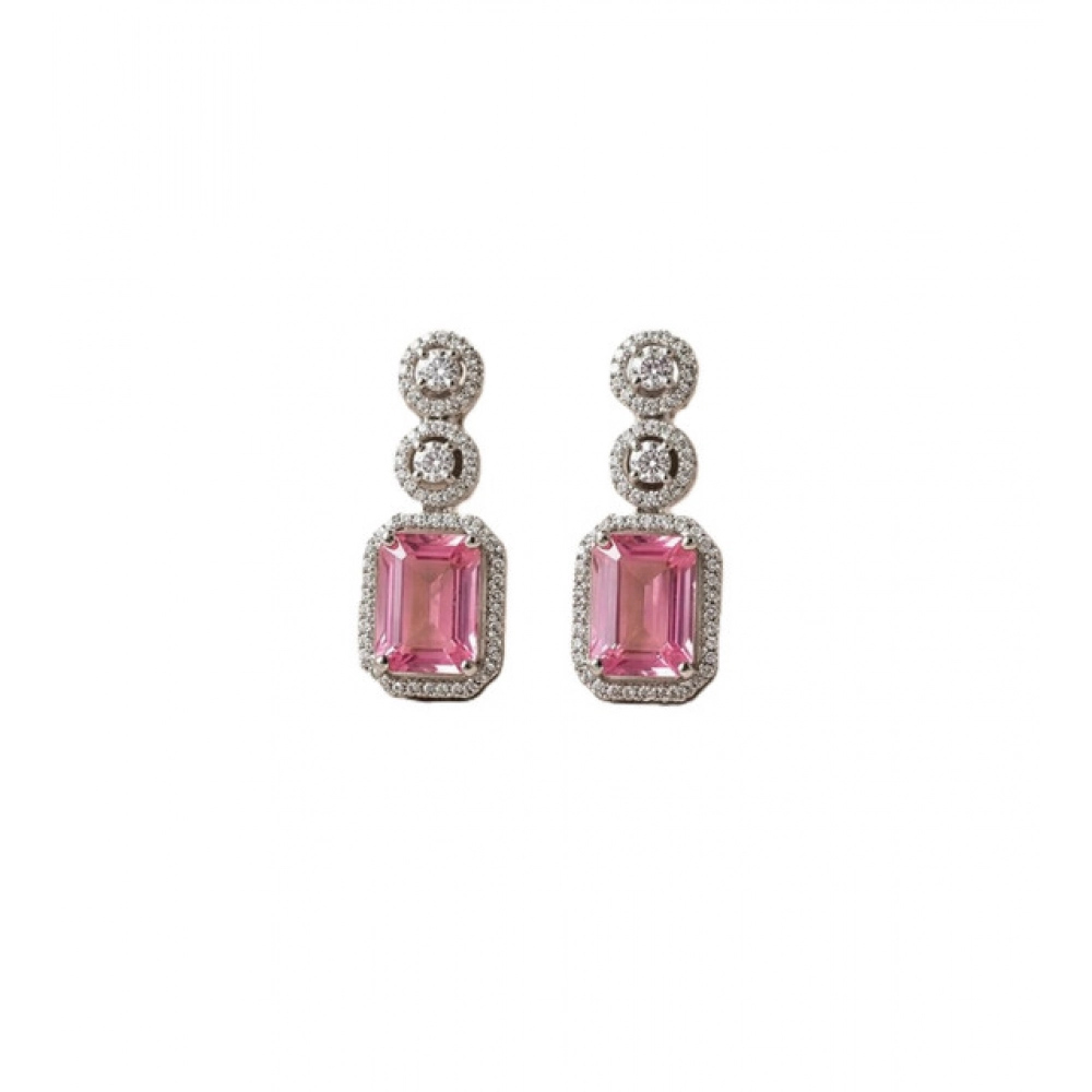 Women's Brass Silver Plated Drop Earrings (Pink)