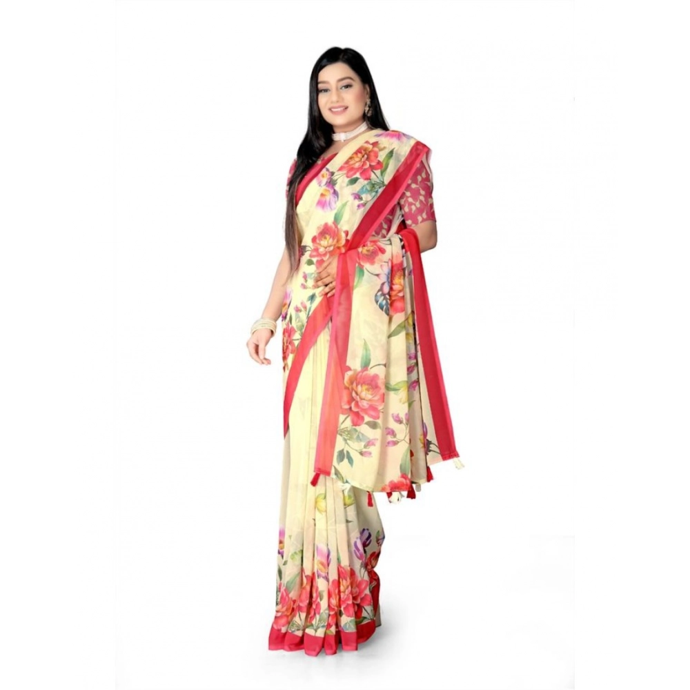 Women's Georgette Floral Printed Saree With Unstitched Blouse 5.5Mtr (Yellow) Women's Georgette Floral Printed Saree With Unstitched Blouse 5.5Mtr (Yellow)