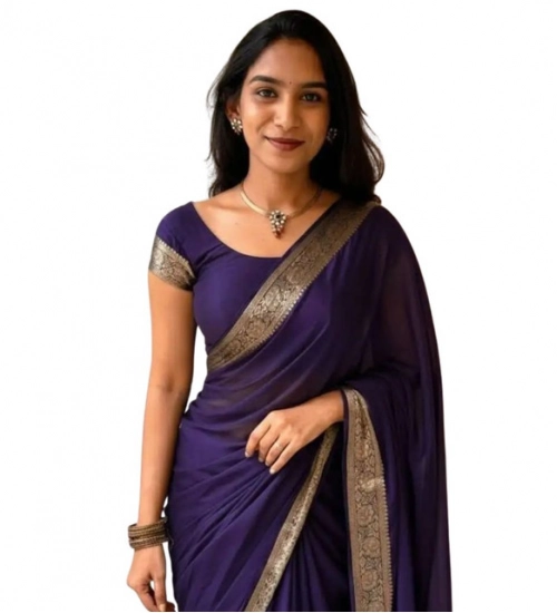 Women's Vichitra Silk Printed Saree With Unstitched Blouse 5.5Mtr (Purple)