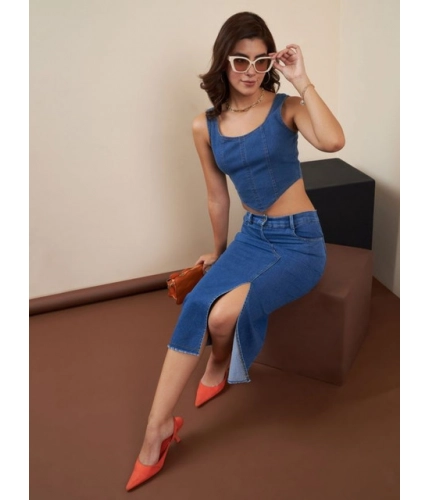 Women's Denim Lycra Solid Button Skirt (Blue)