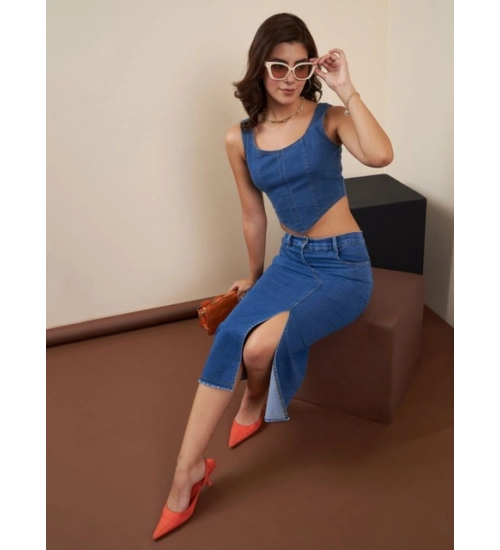 Women's Denim Lycra Solid Button Skirt (Blue)