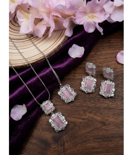 Women's Brass Silver Plated Pendant Set (Pink)