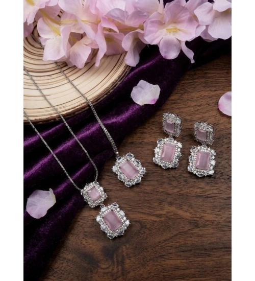 Women's Brass Silver Plated Pendant Set (Pink)