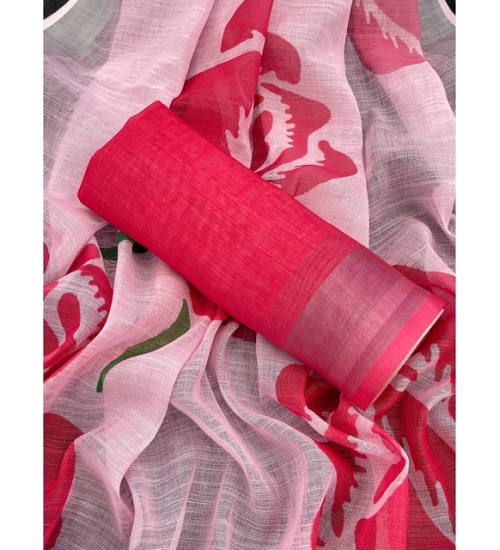 Women's Linen Cotton  Printed Saree With Unstitched Blouse 5.5Mtr (Pink)