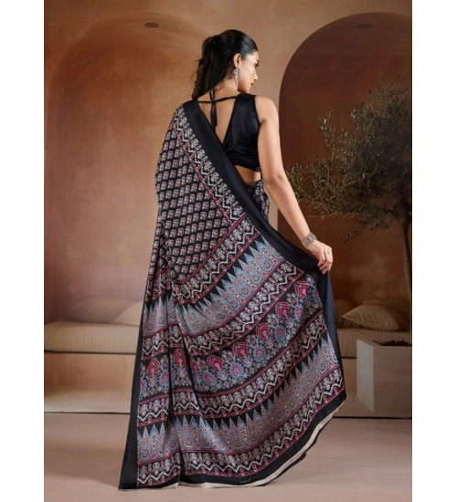 Women's Satin Crepe Printed Saree With Unstitched Blouse 5.5Mtr (Black)