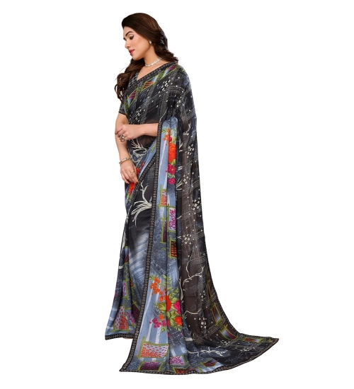 Women's Georgette Printed Saree With Unstitched Blouse 5.5Mtr (Black)