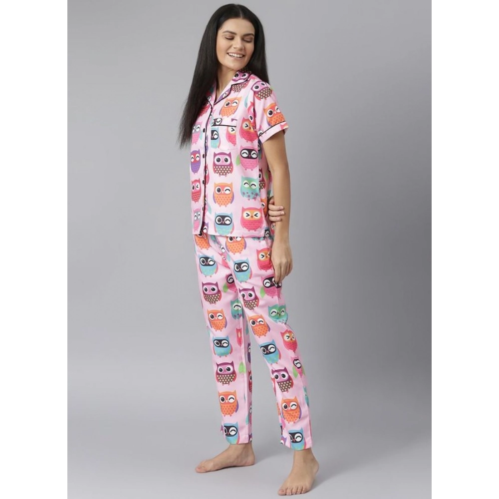 Women's Cotton Blend Printed Short Sleeve Night Suit (Pink) Women's Cotton Blend Printed Short Sleeve Night Suit (Pink)