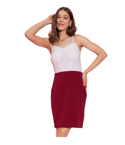 Women's Polyester Lycra Color Blocking Shoulder Straps Dress (White - Maroon)
