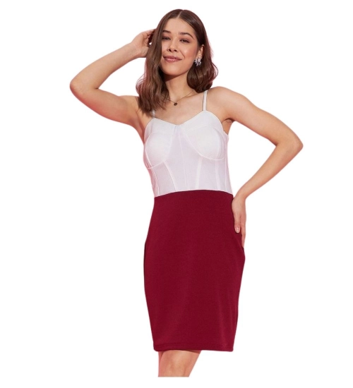 Women's Polyester Lycra Color Blocking Shoulder Straps Dress (White - Maroon)