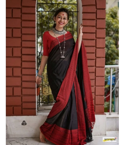 Women's Soft Lilan Printed Saree With Unstitched Blouse 5.5Mtr (Black)