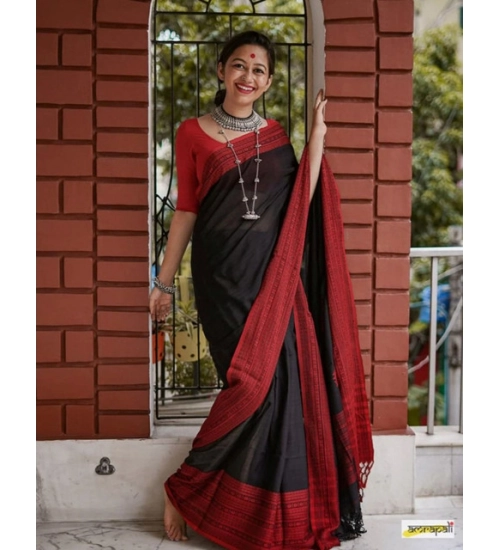 Women's Soft Lilan Printed Saree With Unstitched Blouse 5.5Mtr (Black)