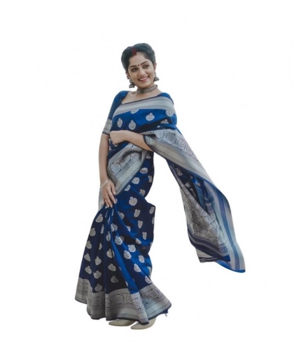Women's Soft Lichi Silk Printed Saree With Unstitched Blouse 5.5Mtr (Blue)