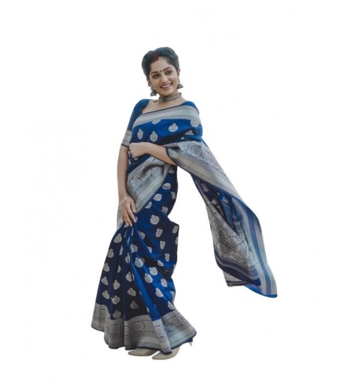 Women's Soft Lichi Silk Printed Saree With Unstitched Blouse 5.5Mtr (Blue)