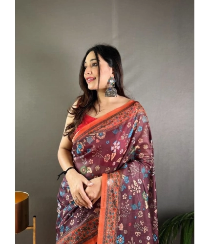 Women's Linen Printed Saree With Unstitched Blouse 5.5Mtr (Brown)