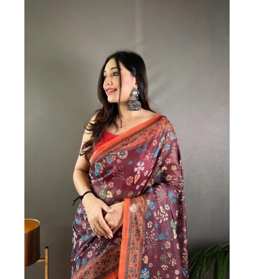 Women's Linen Printed Saree With Unstitched Blouse 5.5Mtr (Brown) Women's Linen Printed Saree With Unstitched Blouse 5.5Mtr (Brown)