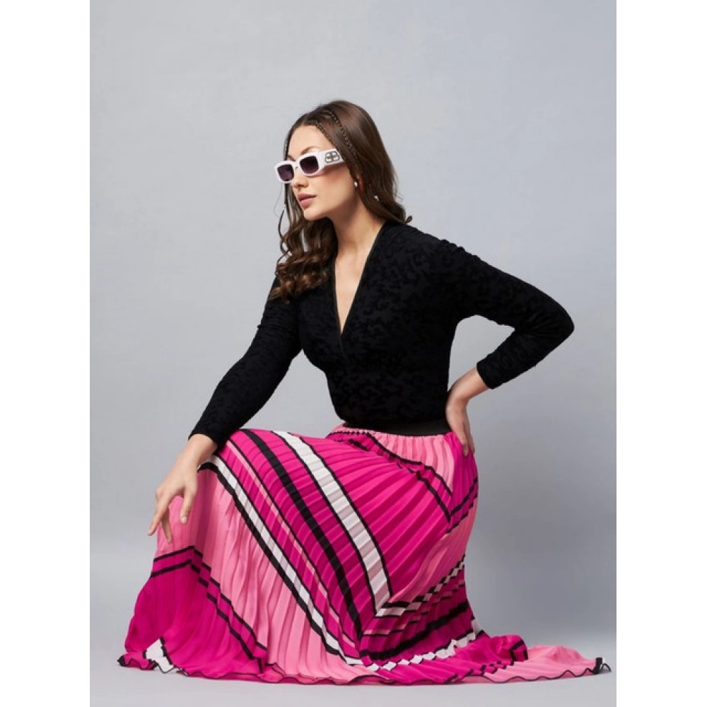 Women's Satin Pleated Elasticated Skirt (Pink)