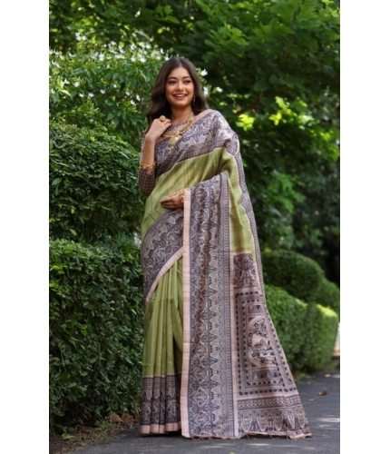 Women's Faux_Tussar Ethnic_Print Saree With Unstitched Blouse 5.5Mtr (Olive)