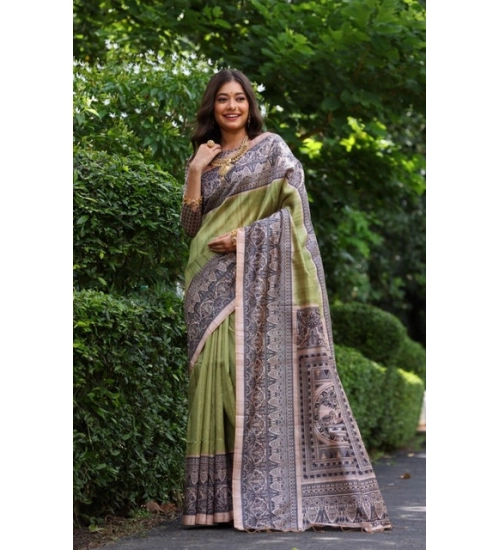Women's Faux_Tussar Ethnic_Print Saree With Unstitched Blouse 5.5Mtr (Olive)