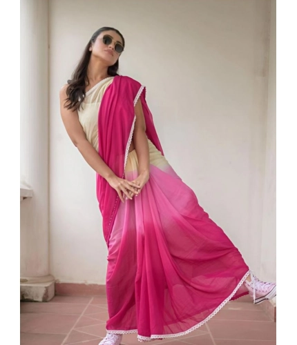 Women's Linen Printed Saree With Unstitched Blouse 5.5Mtr (Pink)