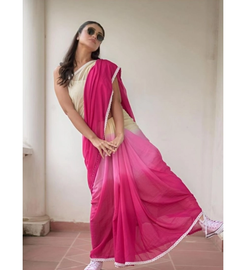 Women's Linen Printed Saree With Unstitched Blouse 5.5Mtr (Pink)