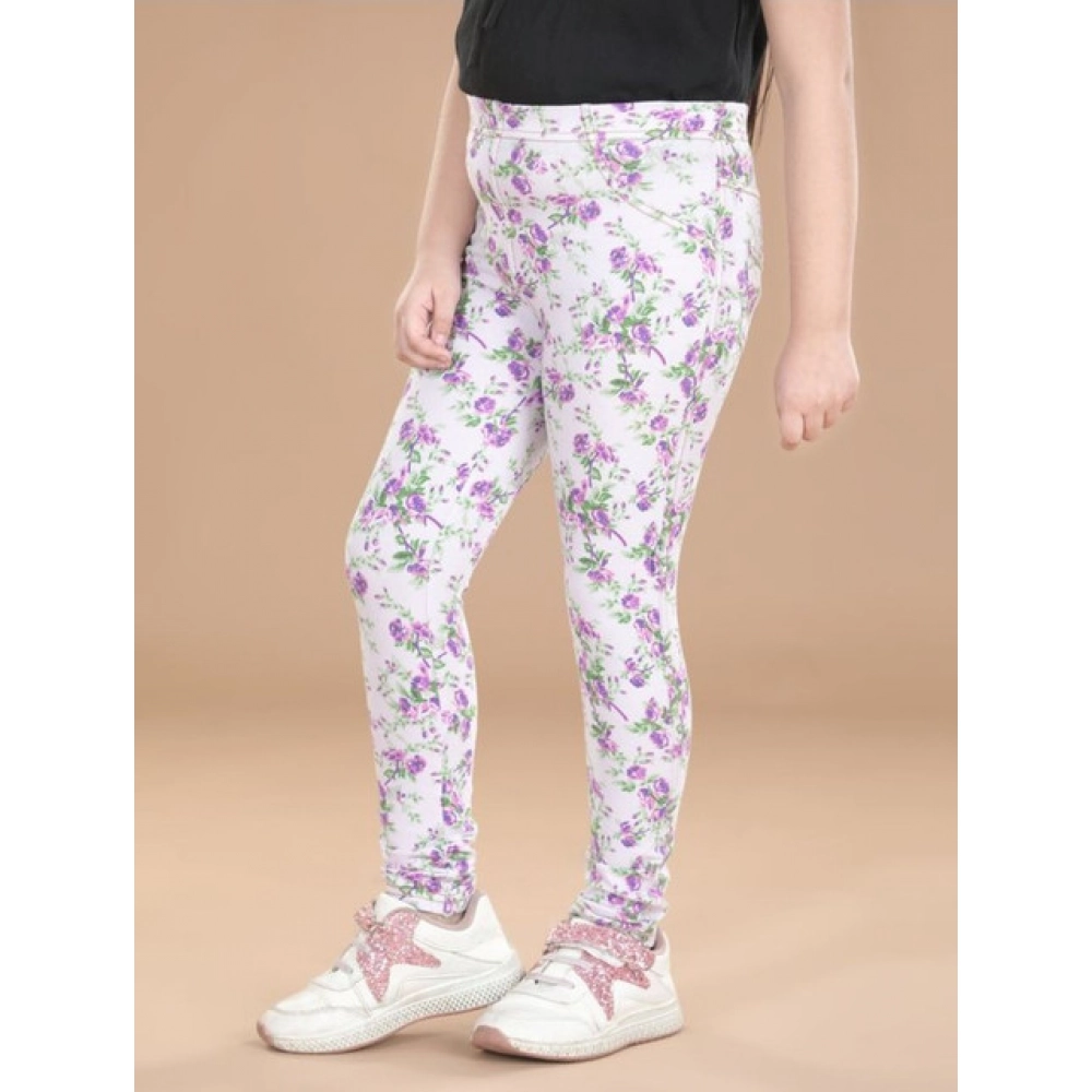 Girl's Cotton Lycra Floral Elasticated Jeggings (Lavender) Girl's Cotton Lycra Floral Elasticated Jeggings (Lavender)