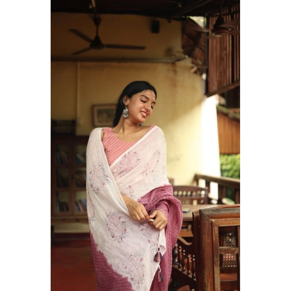 Women's Linen Printed Saree With Unstitched Blouse 5.5Mtr (White) Women's Linen Printed Saree With Unstitched Blouse 5.5Mtr (White)