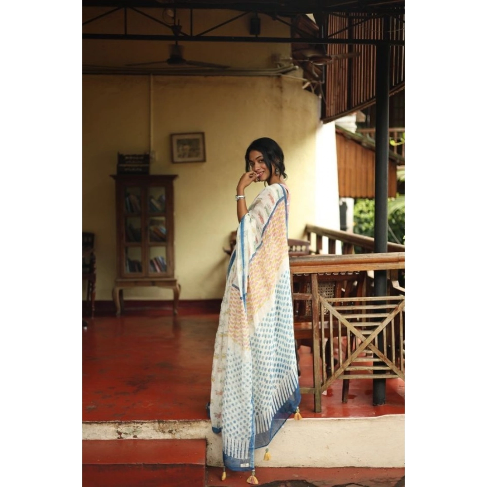 Women's Linen Printed Saree With Unstitched Blouse 5.5Mtr (White) Women's Linen Printed Saree With Unstitched Blouse 5.5Mtr (White)