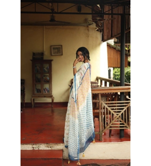 Women's Linen Printed Saree With Unstitched Blouse 5.5Mtr (White)