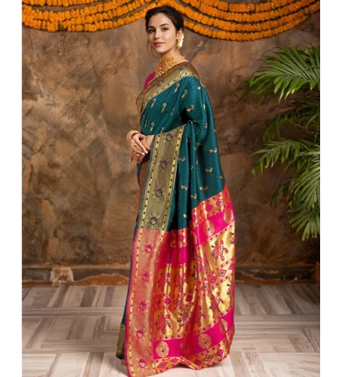 Women's Silk Blend Zari Weaving Saree With Unstitched Blouse 5.5Mtr (Dark-Green)