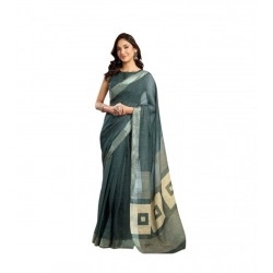 Women's Linen Cotton Printed Ready To Wear Saree With Unstitched Blouse 5.5 Mtr (Light_Teal)