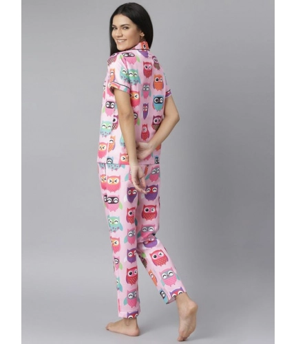 Women's Cotton Blend Printed Short Sleeve Night Suit (Pink)