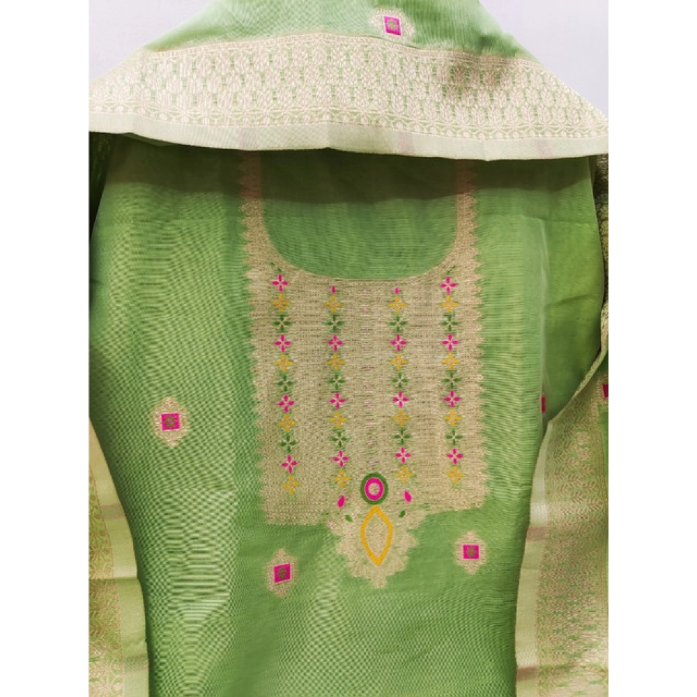 Women's Banarasi Silk Printed Unstitched Salwar Suit Material With Dupatta (Pista, 3Mtrs)