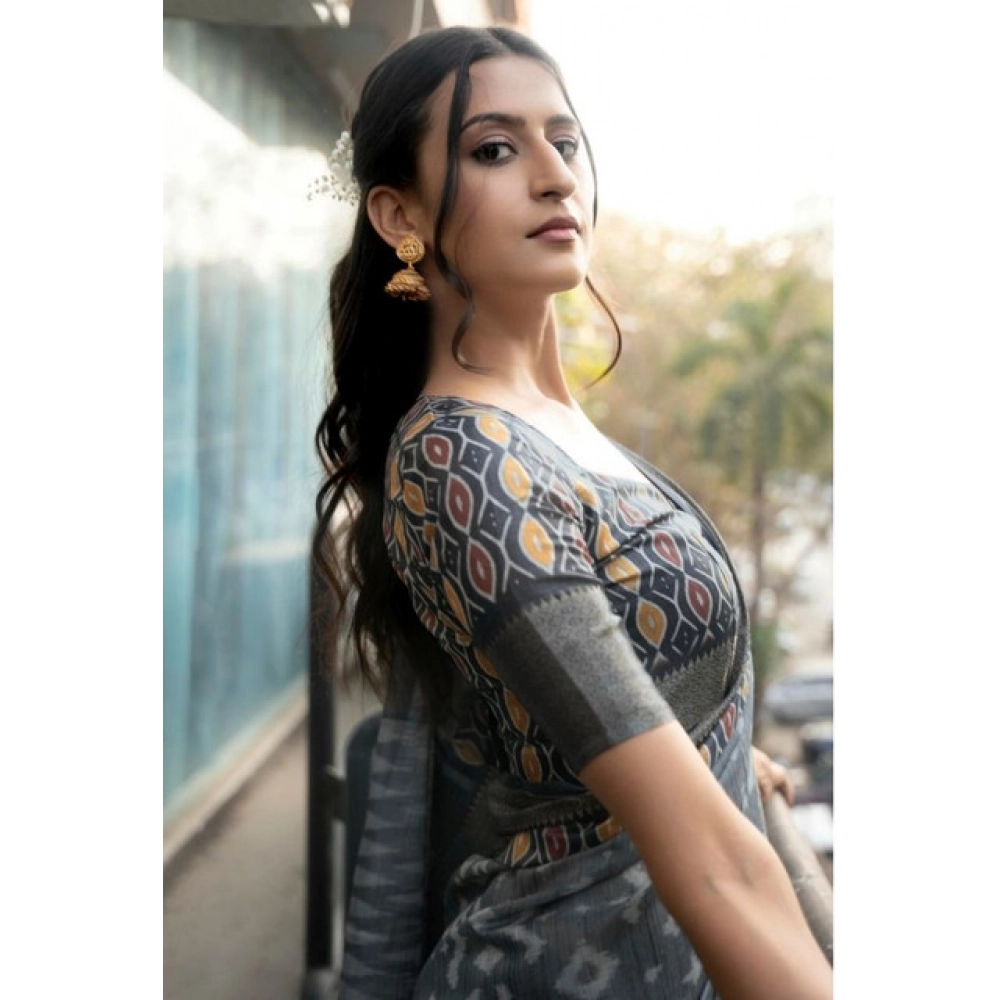 Women's Polyester Printed Saree With Unstitched Blouse 5.5 Mtr (Grey)