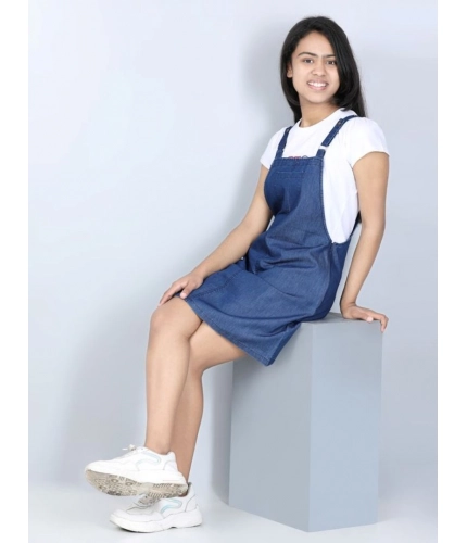 Girl's Denim Solid Sleeveless Dress (Blue)