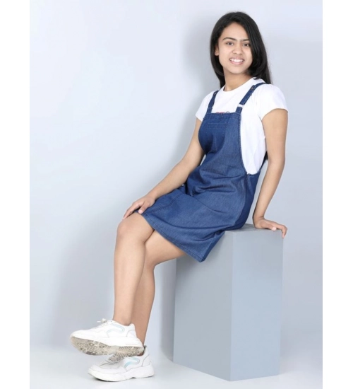 Girl's Denim Solid Sleeveless Dress (Blue)