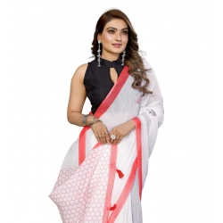 Women's Linen Cotton Printed Saree With Unstitched Blouse 5.5Mtr (White)
