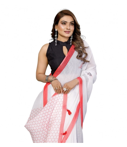 Women's Linen Cotton Printed Saree With Unstitched Blouse 5.5Mtr (White)