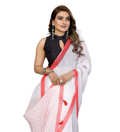 Women's Linen Cotton Printed Saree With Unstitched Blouse 5.5Mtr (White)